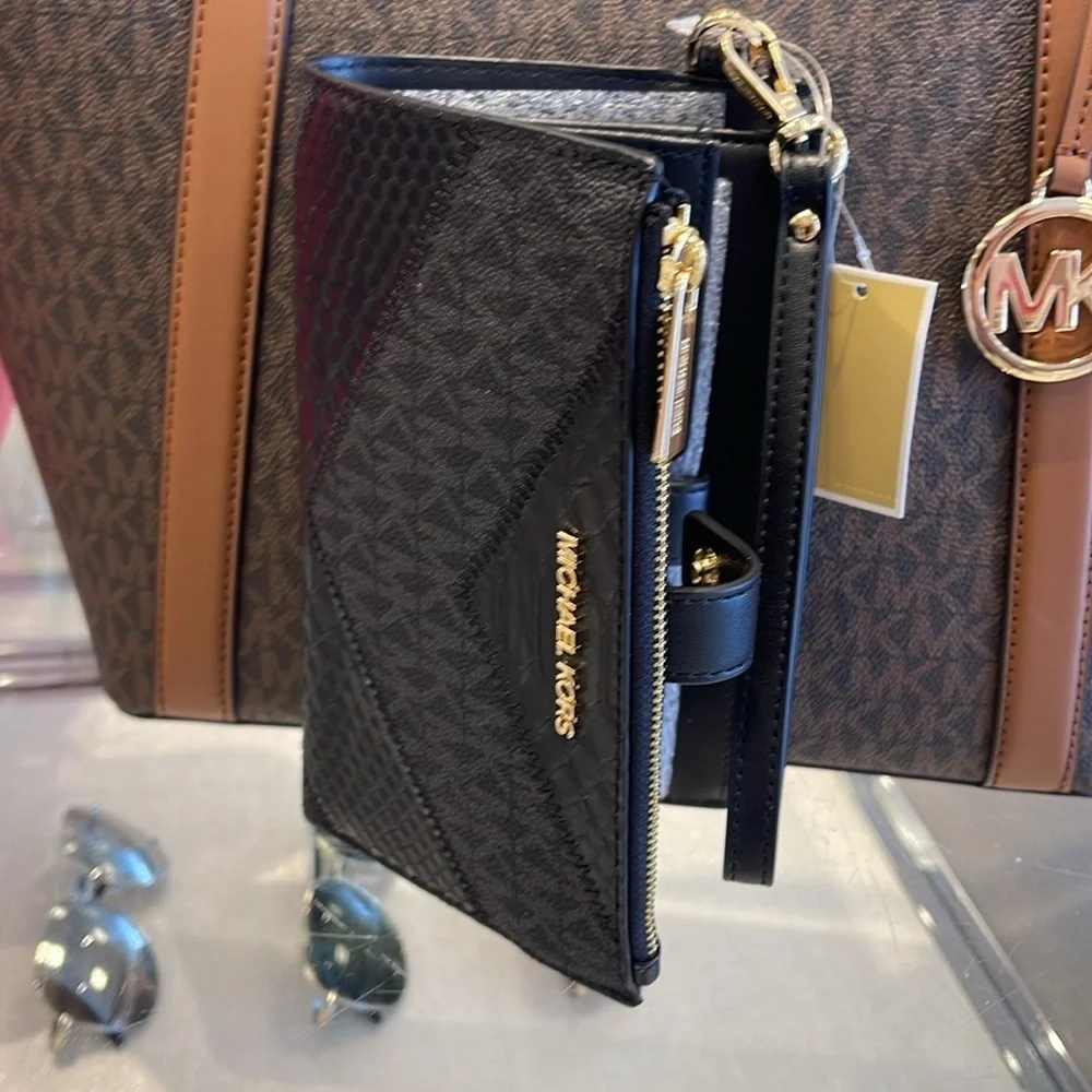 MICHAEL KORS JST LG DOUBLE ZIP WRISTLET WALLET PHONE HOLDER BLACK MULTI NWT